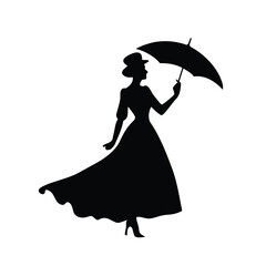 Silhouette woman with umbrella,  girl in fashion vintage clothes, Vector illustration.