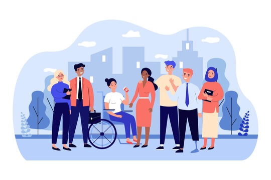 Group of happy diverse friends vector illustration. Inclusive team of people with disability and people of different religion and race working together. Diversity, teamwork, inclusion concept