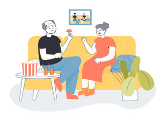 Senior couple spending time together vector illustration. Elderly man and woman sitting on couch with popcorn, same partner throughout years. Monogamy, marriage, relationship concept