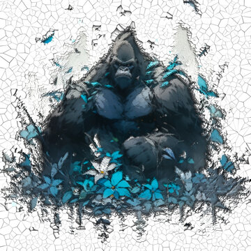 Angry gorilla roaring art, in white background, 3d render illustration. Design for wall painting, canvas painting. Abstract impressionism. Render 3d art. Low poly mosaic.