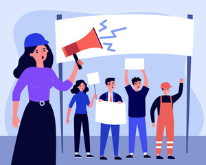 Workers on strike over payment and working conditions. People in uniforms protesting against unfair treatment, professional union vector illustration. Demonstration, labor, workforce concept