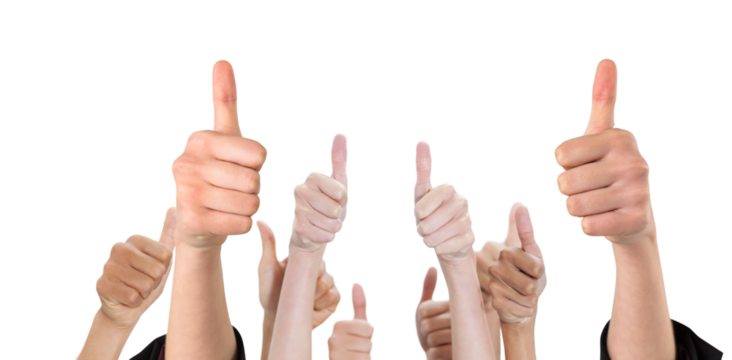 Digital png photo of hands of diverse people with thumbs up on transparent background