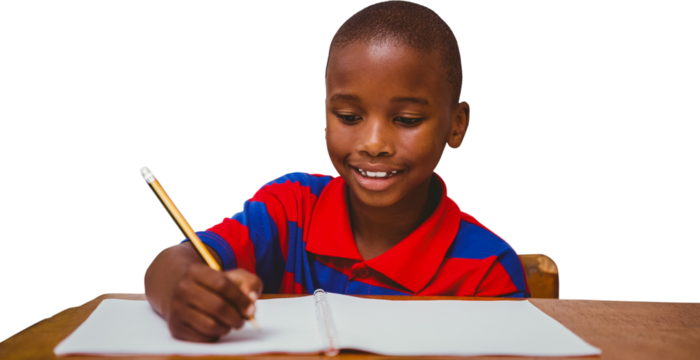 Digital png photo of african american schoolboy writing in notebook on transparent background - Powered by Adobe