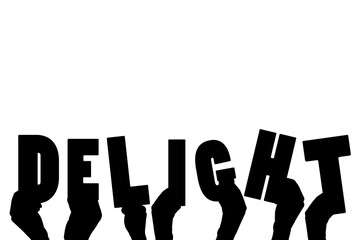 Digital png illustration of hands with delight text on transparent background