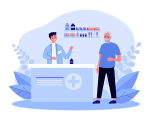 Obraz na płótnie Canvas Bearded man buying medication vector illustration. Friendly pharmacist selling pills, consulting and helping customer to choose treatment with prescription. Pharmacy, medicine, health care concept