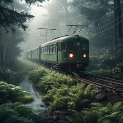 Fototapeta na wymiar a green train going down tracks