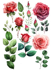 Set of watercolor Rose red and pink color clipart  illustration , Isolated PNG