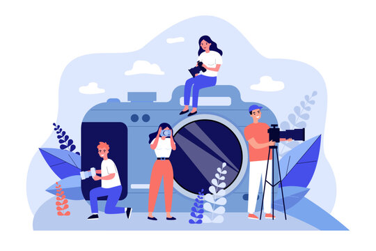 Tiny people with photo camera vector illustration. Happy photographers taking pictures and shooting videos using professional equipment. World photography day, art concept