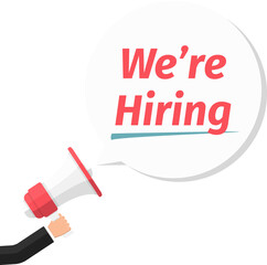 Hand holding megaphone and speech bubble with text 