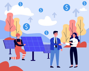 Happy businessman buying solar panels vector illustration. Drawing of man investing in alternative renewable energy source and shaking hands with woman. Investment, sustainability, environment concept