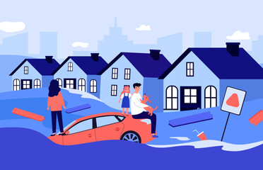 People surviving flood on car roof vector illustration. Family with pet waiting for rescue while water crashing houses and buildings in city. Natural disaster, climate change concept