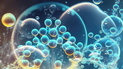 abstract background with bubbles, Bubbles on black, water drops on blue, water bubbles and science molecule background,3D Collagen serum and vitamin hyaluronic acid skin care solutions