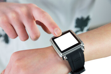 Digital png photo of caucasian man wearing smartwatch with copy space on transparent background