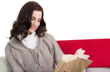Digital png photo of happy caucasian woman sitting on sofa reading book on transparent background