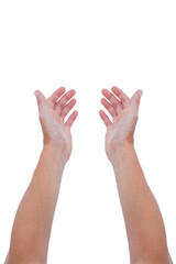 Digital png photo of hands of caucasian man reaching out on transparent background