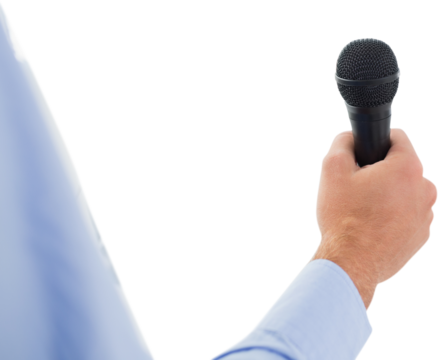 Digital png photo of hand of caucasian businessman holding microphone on transparent background