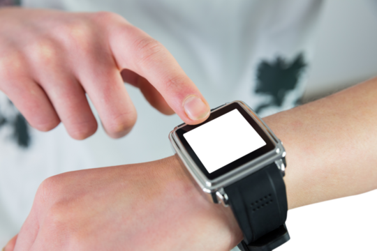 Digital png photo of caucasian man wearing smartwatch with copy space on transparent background
