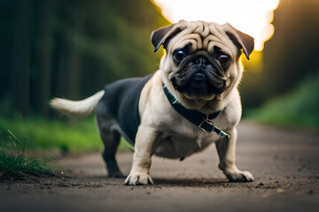 Obraz premium A pug dog on a dirt road with a green background