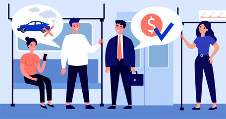 Happy people using public transport vector illustration. Citizens discussing accessibility and environmental friendliness of subway and buses. Public transport prices, ecology concept