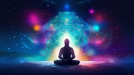 Human meditate, yoga. Psychic human considers mind and heart. Spirituality, esotericism, universe, cartoon style,  Generative AI illustration