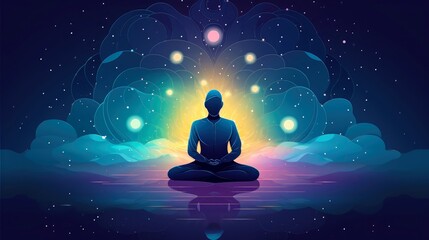 Fototapeta na wymiar Human meditate, yoga. Psychic human considers mind and heart. Spirituality, esotericism, universe, cartoon style, Generative AI illustration