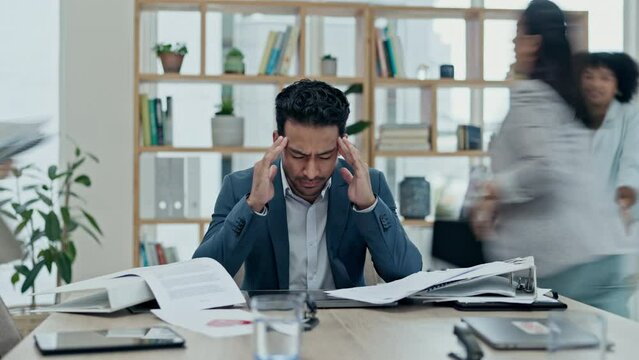 Businessman, headache and stress in depression, anxiety and time lapse of chaos or busy office. Tired man, documents or overwhelmed employee in burnout, fatigue or business crisis at the workplace