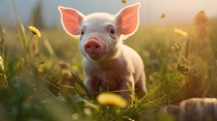 Fototapeta premium Cute pig enjoying the green grass in a farm field