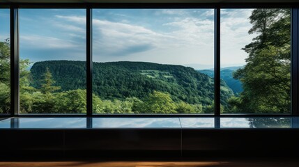 Close-up of a sleek glass window, offering a stunning view of the beautiful landscape.