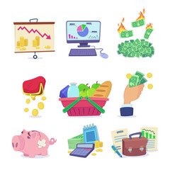 Economic crisis and price inflation vector illustrations set. Drawings of decreasing chart, burning money, broken piggybank, shopping basket with products. Inflation, bankruptcy, finances concept