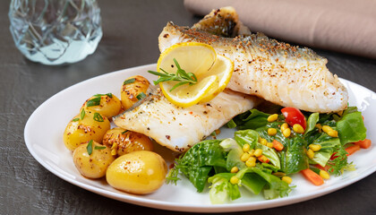 Delicious fillets of pollock or coalfish cooked in a spicy marinade and served with fresh salad and baby potatoes as a seafood appetizer to dinner