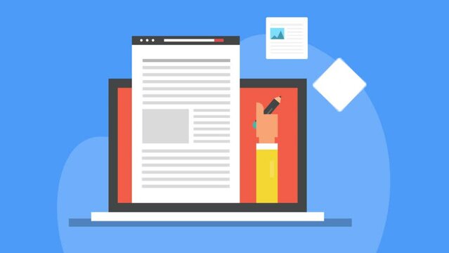 Text content creation, blog writing, hand holding pencil on laptop screen indicating professional content writer for online business website. Video animation. 