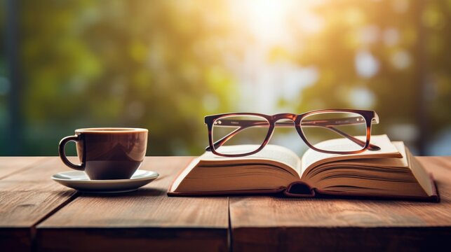 Open book and a cup of coffee on a wooden table