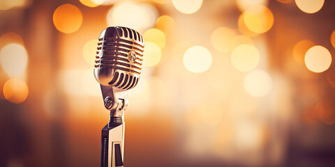 Golden microphone on stage background