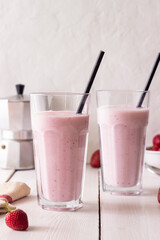 Strawberry milkshake. Vegetarian food. Cold drinks. Smoothie.