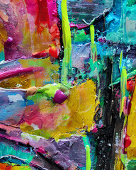 Closeup of abstract rough colorful multicolored art painting texture, with oil brushstroke, pallet knife paint on canvas,