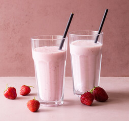 Strawberry milkshake. Vegetarian food. Cold drinks. Smoothie.