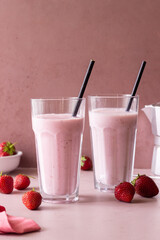 Strawberry milkshake. Vegetarian food. Cold drinks. Smoothie.