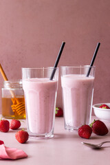Strawberry milkshake. Vegetarian food. Cold drinks. Smoothie.