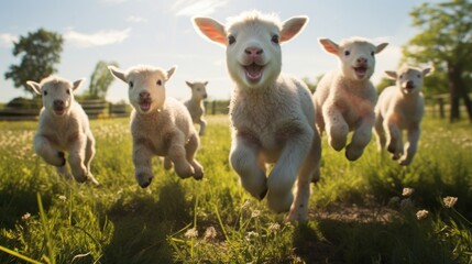 Fototapeta premium Flock of sheep running across a vibrant green field on a farm