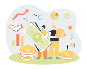 Businessmen holding money and factory vector illustration. People analyzing finance and investment charts, working with partners, expanding market. Business development, entrepreneurship concept