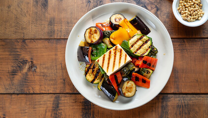 Overhead view of a plate of healthy grilled roast vegetables with tofu, or soybean curd, on a...