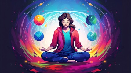 Human meditate, yoga. Psychic human considers mind and heart. Spirituality, esotericism, universe, cartoon style,  Generative AI illustration