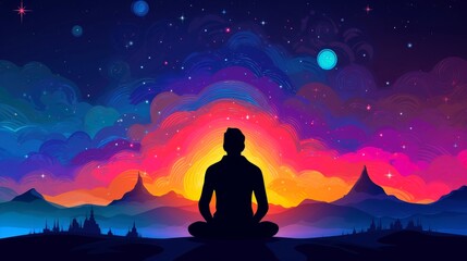 Human meditate, yoga. Psychic human considers mind and heart. Spirituality, esotericism, universe, cartoon style,  Generative AI illustration
