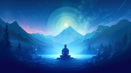 Human meditate, yoga. Psychic human considers mind and heart. Spirituality, esotericism, universe, cartoon style,  Generative AI illustration - obrazy, fototapety, plakaty