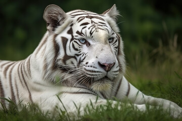 Fototapeta na wymiar Image of white tiger resting on green pasture grass on summer. Wildlife Animals. Illustration. Generative AI.