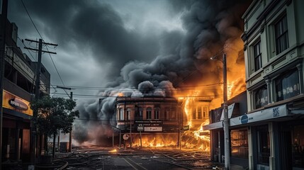 Destruction of city with fires, explosions and collapsing structures. Concept of war and disaster.