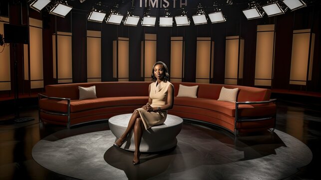 Late night talk show host in studio, looking at camera