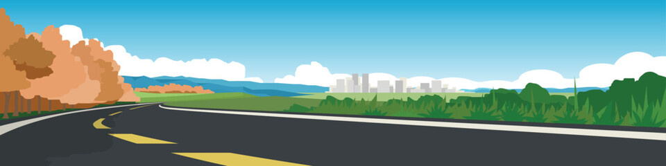 Copy Space Flat Vector Illustration of winding paved roads and the surroundings of the open fields of spring Its background looks like a huge distant mountain and sky.