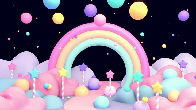 Looped cartoon rainbow land with star candy sticks and flying spheres animation.