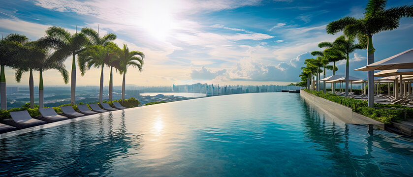Luxury hotel resort rooftop infinity pool with beautiful views of the city.  The perfect place  for a relaxing summer vacation.